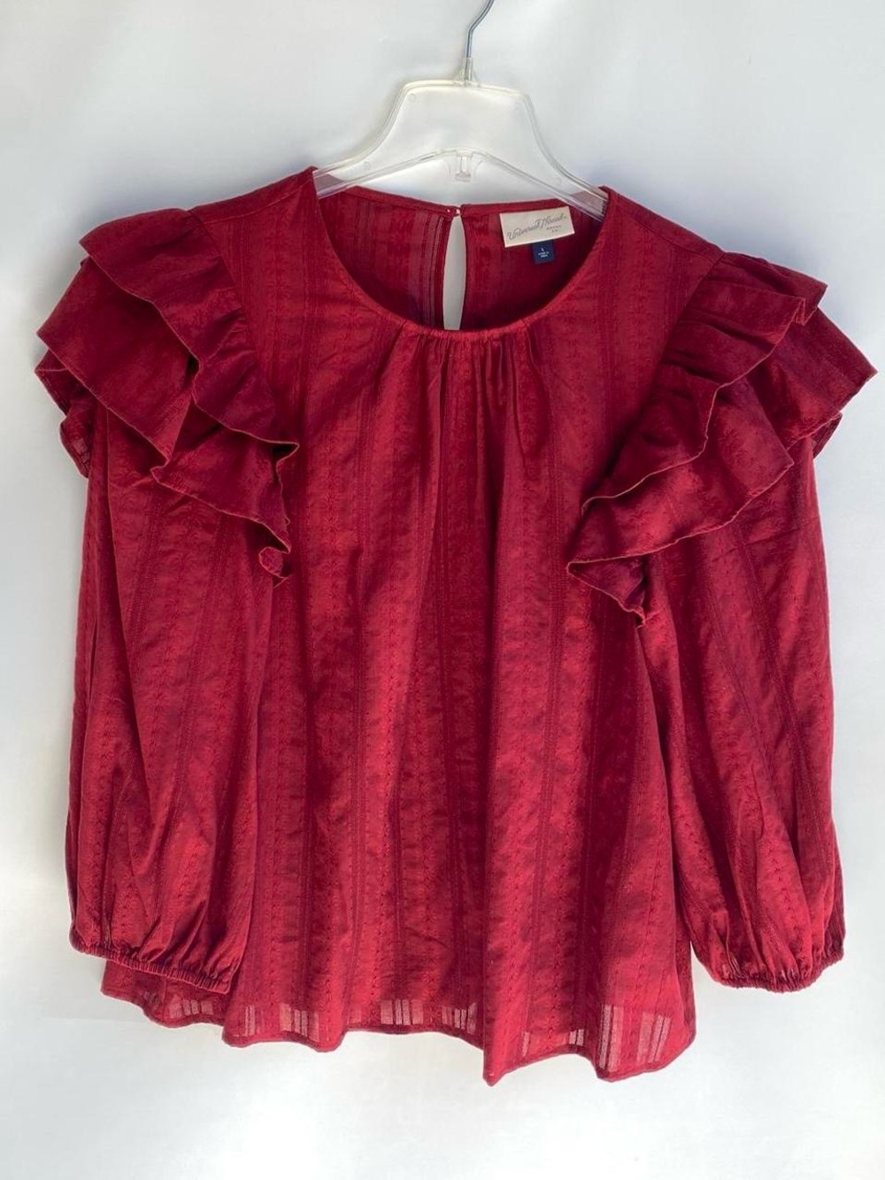 Deep red billowy sleeves ruffle shoulder blouse fall prairie boho peasant top L